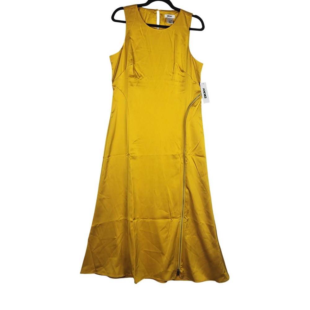 DKNY Dress Womens 10 Dark Mustard Yellow Zipper Detail Sheath Party Cocktail NWT